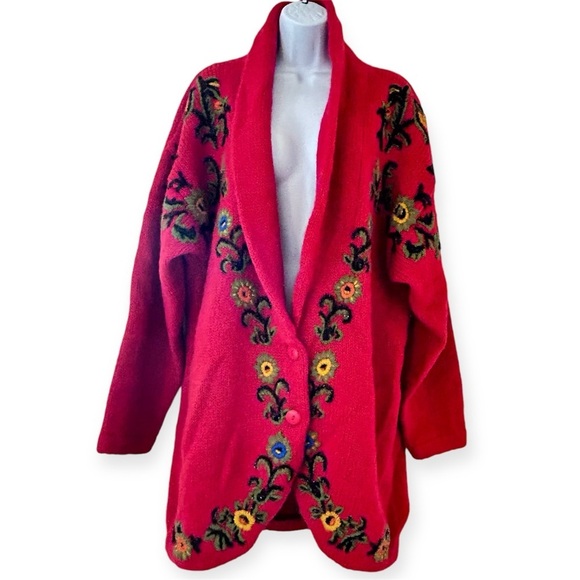 CERVELLE Vintage Wool Blend Embroidered Floral Longline Shawl Collar Cardigan L - Picture 2 of 12
